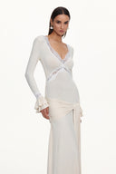 Xavier V-Neck Long Sleeves Lace Twist Beige Maxi Dress