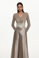 Kaia Elegant Contour Long Sleeve Buttoned Lace Knit Maxi Dress