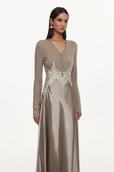 Kaia Elegant Contour Long Sleeve Buttoned Lace Knit Maxi Dress