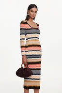 Nialla Elegant Contour Round Neck Long Sleeve Stripe Knit Maxi Dress
