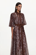 Vakana Resort Flowy Puff Sleeve Floral Woven Brown Maxi Dress