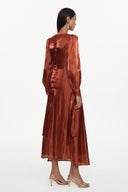 Irregular Resort Flowy Round Neck Long Sleeve Woven Maxi Dress