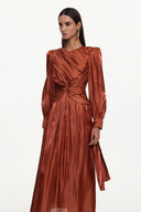 Irregular Resort Flowy Round Neck Long Sleeve Woven Maxi Dress