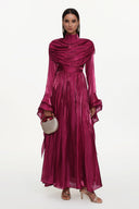 Ilsa Resort Flowy Long Sleeve Ruffle Ruched Satin Red Maxi Dress