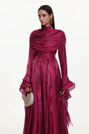 Ilsa Resort Flowy Long Sleeve Ruffle Ruched Satin Red Maxi Dress