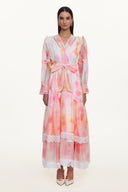 Natalya Resort Flowy Long Sleeve Lace Abstract Print Ruffle Woven Orange Maxi Dress