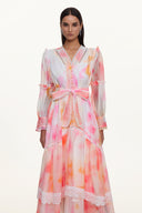 Natalya Resort Flowy Long Sleeve Lace Abstract Print Ruffle Woven Orange Maxi Dress
