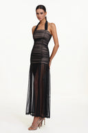 Izara Chic Contour Halter Ruched Tulle Maxi Dress