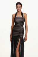 Izara Chic Contour Halter Ruched Tulle Maxi Dress