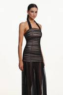 Izara Chic Contour Halter Ruched Tulle Maxi Dress