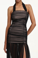 Izara Chic Contour Halter Ruched Tulle Maxi Dress