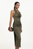 Klaria Chic Contour Cowl Neck Sleeveless Ruched Knit Maxi Dress