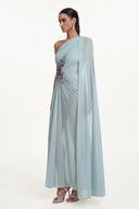 Kaylee Elegant Flowy One Shoulder Sequin Embroidered Ruched Mesh Maxi Dress