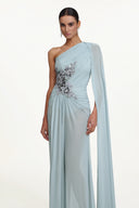 Kaylee Elegant Flowy One Shoulder Sequin Embroidered Ruched Mesh Maxi Dress