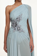 Kaylee Elegant Flowy One Shoulder Sequin Embroidered Ruched Mesh Maxi Dress
