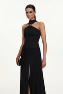 Vincy Chic Contour Halter Metal Ring High Slit Maxi Dress