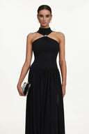 Vincy Chic Contour Halter Metal Ring High Slit Maxi Dress
