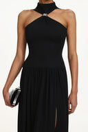 Vincy Chic Contour Halter Metal Ring High Slit Maxi Dress