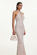 Saslim Chic Contour Halter Cut Out Sequin Maxi Dress