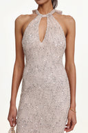 Saslim Chic Contour Halter Cut Out Sequin Maxi Dress