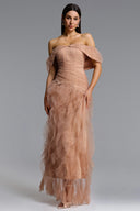 Revie Elegant Flowy Off Shoulder Ruffle Tulle Maxi Dress