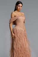 Revie Elegant Flowy Off Shoulder Ruffle Tulle Maxi Dress
