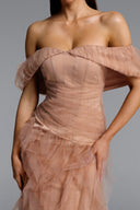 Revie Elegant Flowy Off Shoulder Ruffle Tulle Maxi Dress