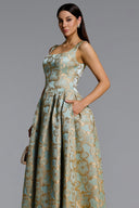 Kerta Elegant Tailored Square Neck Jacquard Pleated Floral Maxi Dress
