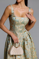 Kerta Elegant Tailored Square Neck Jacquard Pleated Floral Maxi Dress