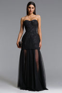 Margo Chic Contour Strapless Jacquard Floral Tulle Maxi Dress