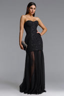 Margo Chic Contour Strapless Jacquard Floral Tulle Maxi Dress