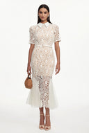Selly Elegant Contour Short Sleeve Rhinestone Floral Lace Woven Maxi Dress