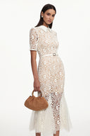 Selly Elegant Contour Short Sleeve Rhinestone Floral Lace Woven Maxi Dress