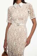 Selly Elegant Contour Short Sleeve Rhinestone Floral Lace Woven Maxi Dress