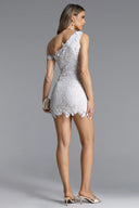 Spola Romantic Tailored One Shoulder Pearl Chain Lace Mini Dress