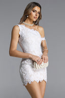 Spola Romantic Tailored One Shoulder Pearl Chain Lace Mini Dress