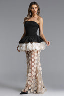 Johanne Elegant Contour Strapless Ruffle Contrast Maxi Dress