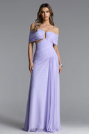 Vikare Romantic Contour Off Shoulder Deep V Cut Out Pleated Mesh Maxi Dress