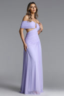 Vikare Romantic Contour Off Shoulder Deep V Cut Out Pleated Mesh Maxi Dress
