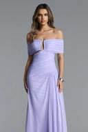 Vikare Romantic Contour Off Shoulder Deep V Cut Out Pleated Mesh Maxi Dress