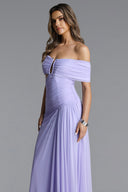 Vikare Romantic Contour Off Shoulder Deep V Cut Out Pleated Mesh Maxi Dress
