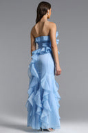 Deirdre Romantic Flowy Strapless Asymmetric Ruffle Floral Maxi Dress