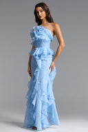 Deirdre Romantic Flowy Strapless Asymmetric Ruffle Floral Maxi Dress