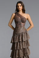 Hedar Romantic Tailored One Shoulder Cut Out Ruffle Embellished Sequin Maxi Dress