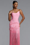Ezgi Chic Contour Strapless Floral Fringe Bandage Maxi Dress
