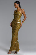 Liza Elegant Contour Halter Floral Sequin Maxi Dress