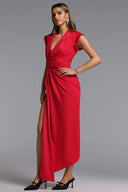 Elin Chic Contour V Neck Twisted High Slit Knit Maxi Dress