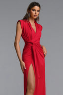 Elin Chic Contour V Neck Twisted High Slit Knit Maxi Dress