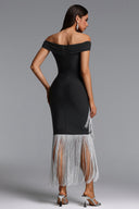 Tata Chic Contour Off Shoulder Fringe Bandage Maxi Dress