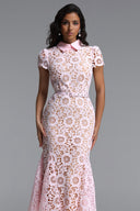 Felix Elegant Cinched Short Sleeve Floral Lace Maxi Dress